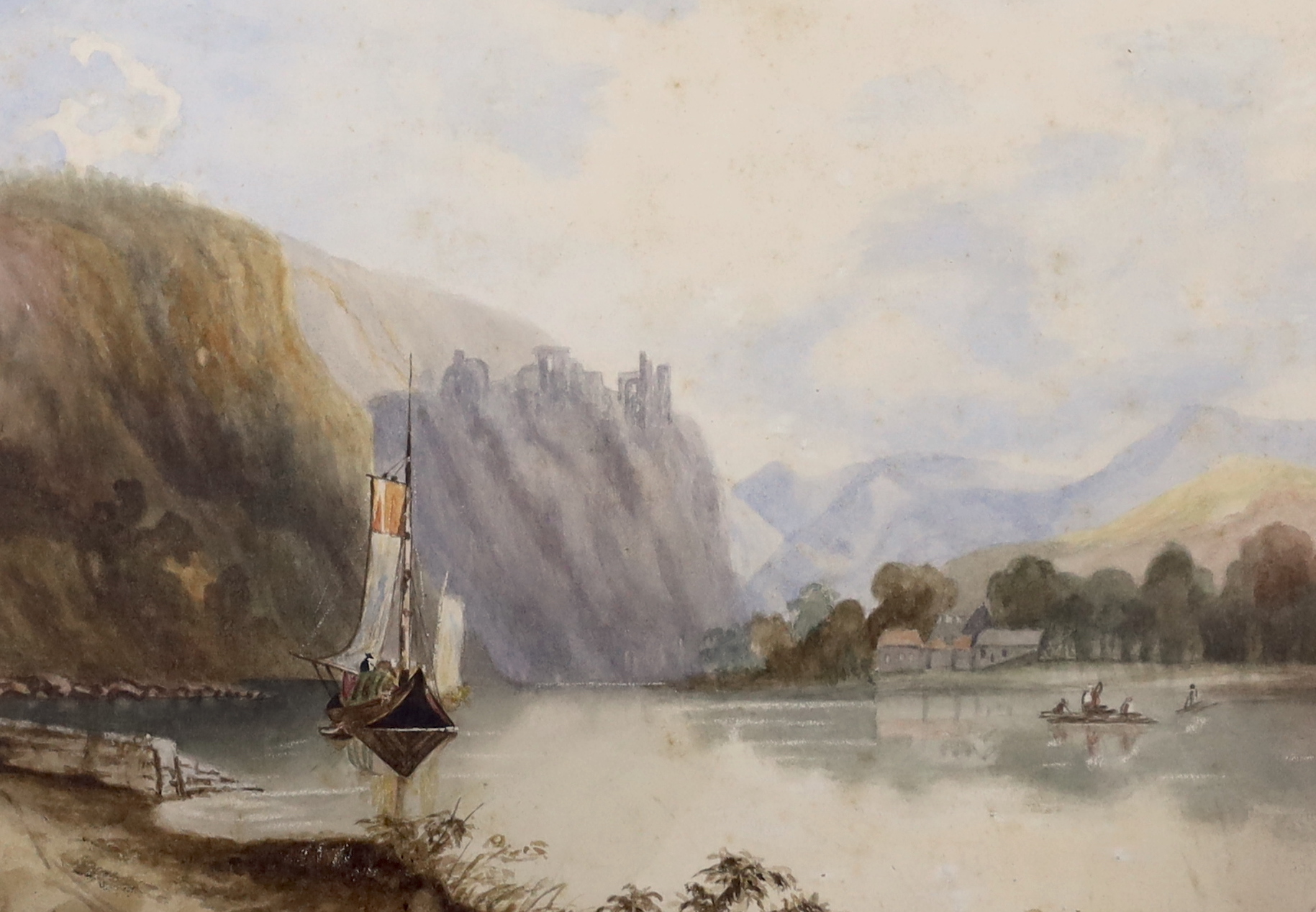 Oil on board, Mountainous lakeside landscape, together with a similar watercolour, each unsigned, largest 20 x 29cm, ornate gilt framed